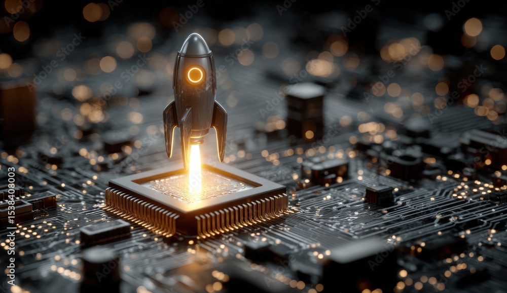Aufkleber rocket launching from computer chip on circuit board
