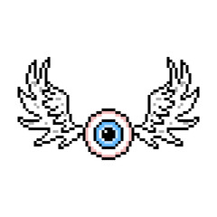 Flying eyeball monster with white angel wings, vector pixel art illustration isolated on white background. Creepy Halloween creature.