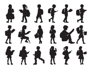 Silhouette of Kids with Backpacks in Various School ActivitiesSilhouette of Kids with Backpacks in Various School Activities