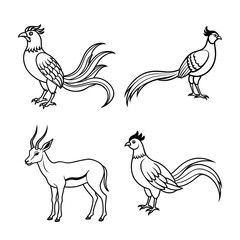 Line art illustrations of pheasant gazelle and cockerel birds in a minimalist black and white style