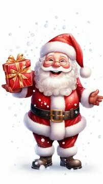 jolly santa claus with rosy cheeks and twinkling eyes holding a beautifully wrapped gift soft falling snow and magical sparkles surround him against a crisp white background.