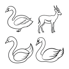 Black and white outline illustrations of swans and a gazelle isolated on a white background