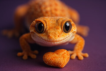 Adorable orange gecko with heart on purple background