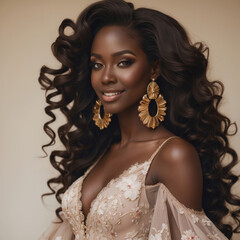 Black Woman with Long Curls and Floral Dress Smiling Confidently