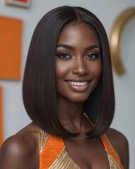 Black Woman with Sleek Bob Hairstyle Wearing Gold and Orange Dress