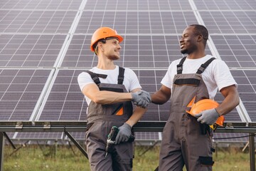 Engineers Shaking Hands in Front of Solar Panels on a Sunny Day
