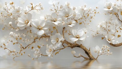 White Flowers with Gold Accents Reflected in Water