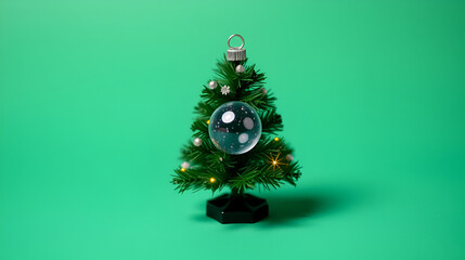 A diminutive Christmas tree decorated with a glass ball, placed on a green background, and twinkling with brilliance.