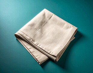 Softly Folded Beige Linen Napkin Exhibiting Subtle Texture on a Smooth Teal Background
