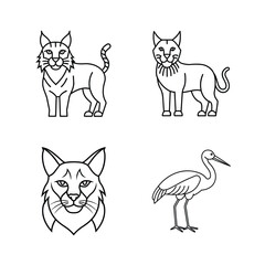 Minimalist line art illustration of animals including lynx cat and heron bird