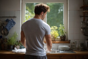 Man in gray tshirt washing dishes at kitchen sink by window with plants