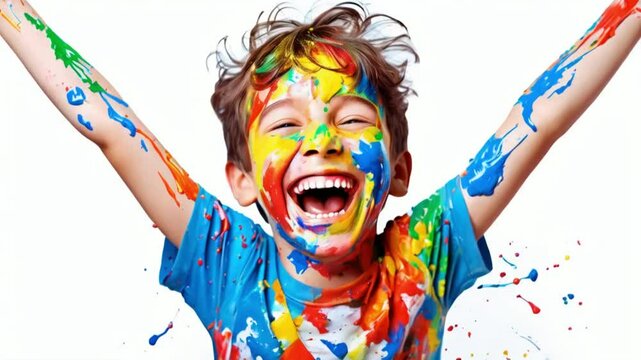 joyful portrait of a laughing boy covered in vibrant splattered paint his infectious smile and colorful appearance radiate pure happiness and creativity against a white background.