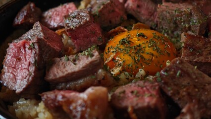 Picanha beef fried rice topping with pickled egg yolks.