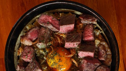 Picanha beef fried rice topping with pickled egg yolks.