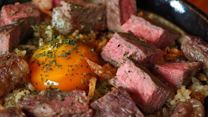 Picanha beef fried rice topping with pickled egg yolks.