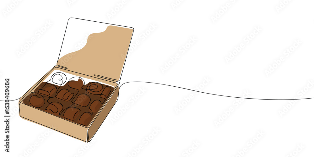 Poster minimalist continuous line drawing of an open chocolate box with various shaped candies, ideal for d