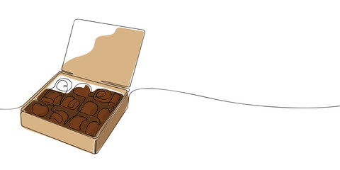 Minimalist continuous line drawing of an open chocolate box with various shaped candies, ideal for dessert or Valentine's visuals.