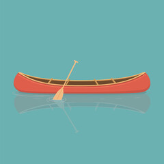 A red canoe with paddle floating on calm turquoise waters depicting recreation and tranquility in a vector illustration