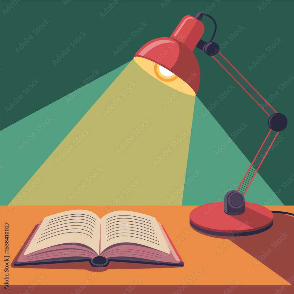 Aufkleber a red desk lamp illuminates an open book on a desk representing studying learning knowledge and educ