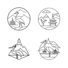 Elegant line art illustrations of japanese cranes pagodas and mountains in minimalist style