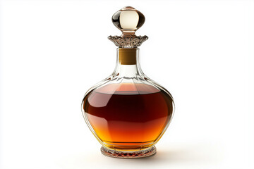 Vintage amber liquid in an old brandy bottle and glass, isolated on a white background
