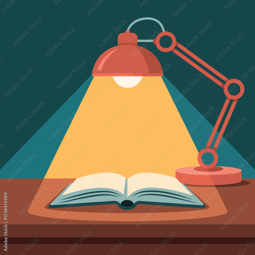 Aufkleber an open book illuminated by a desk lamp on a wooden table depicting learning and reading