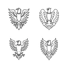 Four vector line art eagle crest designs in black and white on a clean white background