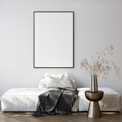 Frame mockup, ISO A paper size. Living room wall poster mockup. Interior mockup with house background. Modern interior design. 3D render
