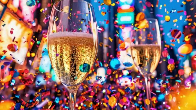 kaleidoscopic explosion of vibrant confetti and champagne bubbles against a backdrop of shimmering city lights dynamic composition captures the energy and excitement of celebration.