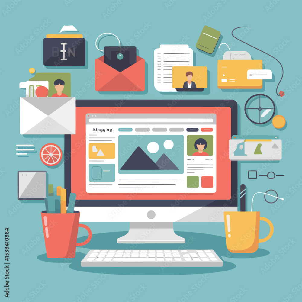 Poster blogging and digital workspace illustration with computer and associated elements in a flat design s