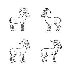 Four stylized illustrations of ibex animals in black and white with detailed horns