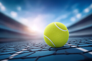 Yellow tennis ball rests on cracked blue court surface, surrounded by blurred lighting and vibrant atmosphere. Concept for sports events, athletic clubs, fitness promotions