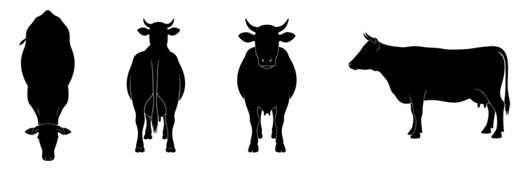 Silhouette Cow Vector Illustration Featuring Front, Back, Side, and Top Views