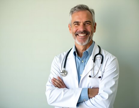 Smiling male doctor portrait arms crossed wearing white coat