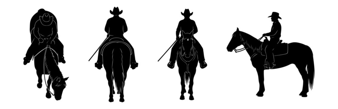 Silhouette Rodeo Rider Vector Illustration Featuring Front, Back, Side, and Top Views