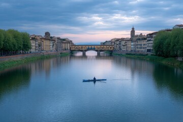 Obraz premium River scene with Ponte Vecchio in the background and a rower in the foreground