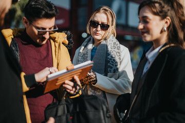 Three young professionals collaborate together in an outdoor urban environment, sharing ideas and notes.