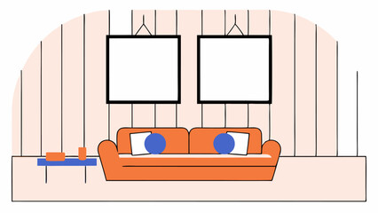 Modern Living Room Interior with Orange Sofa and Blank Frames