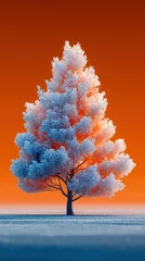 Gardinen Stunning frosted tree against vibrant orange sunset in a winter landscape © Michael