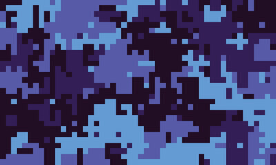 Abstract pixelated camouflage pattern in shades of blue and purple.  Ideal for backgrounds, textiles, or digital projects needing a modern, techinspired aesthetic.