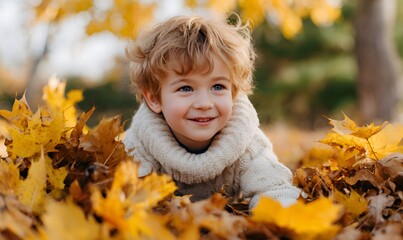 Joyful child lies in autumn leaves, smiles. Kid enjoys fall season,Generative AI