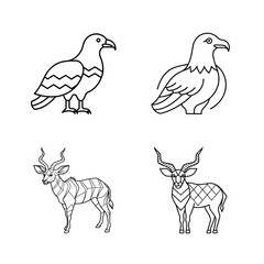 Minimalist outline illustrations of eagles and antelopes for design and educational purposes
