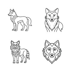 Four illustrated wolf designs featuring full body and face outlines in black and white