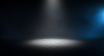 Obraz premium Dramatic Spotlight on Cracked Concrete Floor. Smoky Stage Background with Overhead Light. Empty Dark Room with Atmospheric Lighting