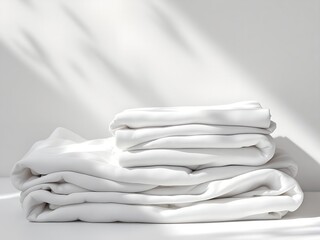 Stack of white folded towels and fabric on clean background mockup