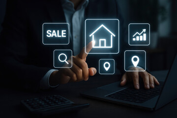 Businessman Interacting with Glowing Digital Real Estate Icons, Representing Property Sales, Search, and Location-Based Services.