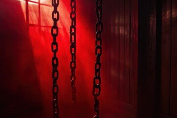 Chains hang ominously in a dark red-lit room casting eerie shadows on the walls and creating a mysterious atmosphere that evokes feelings of suspense and intrigue