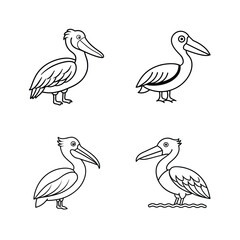 Four simple black and white line art pelican illustrations in different poses for design