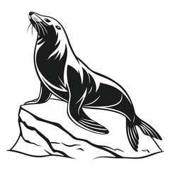Striking sea lion resting gracefully on a jagged rock is captured in monochrome