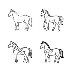 Four simple black and white outlined horses in different poses for design elements